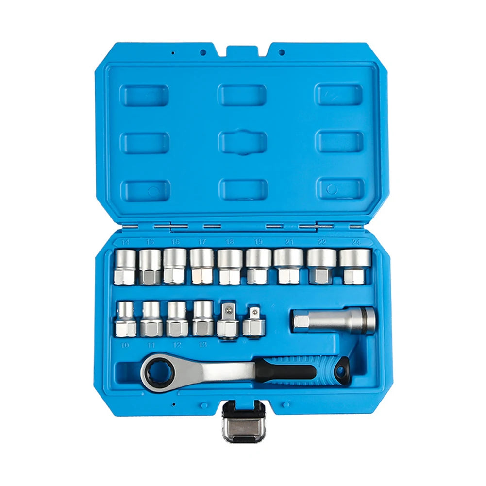 A blue 17-piece pass-through socket set with a hollow ratchet and various tools displayed in an open case.