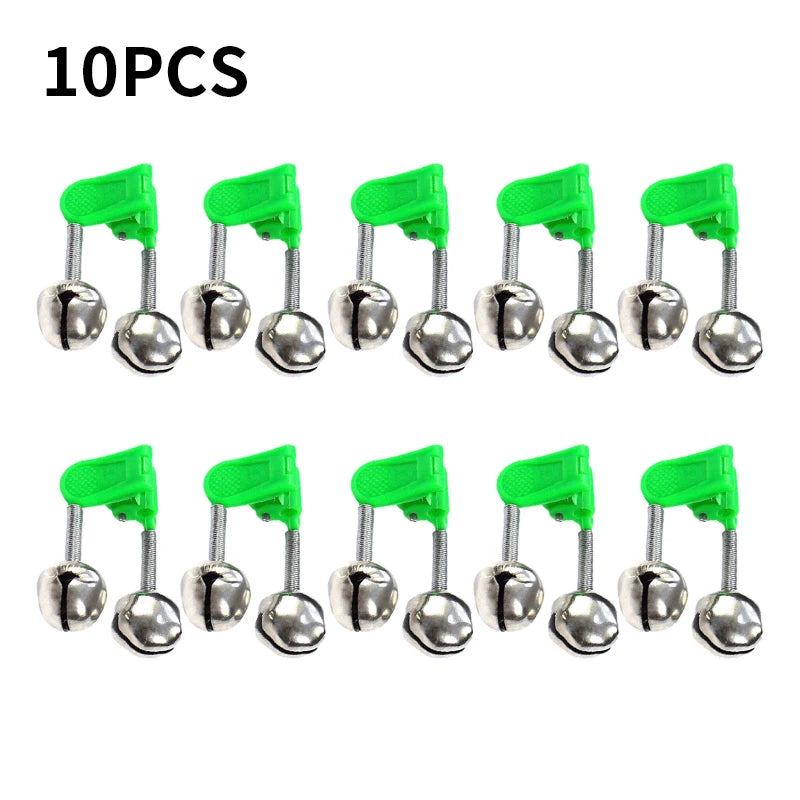 Campanas de alarma para picadas de pesca con plástico verde y puntas de metal plateado.