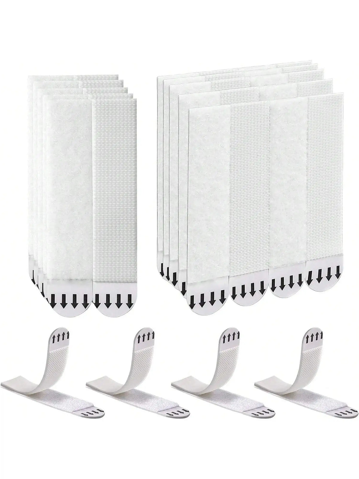 Pack of double-sided photo frame adhesive strips in white, shown in various quantities and individual strips.