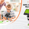 A family is using an Elikliv EDM4 4.3 inch digital microscope to examine a leaf.