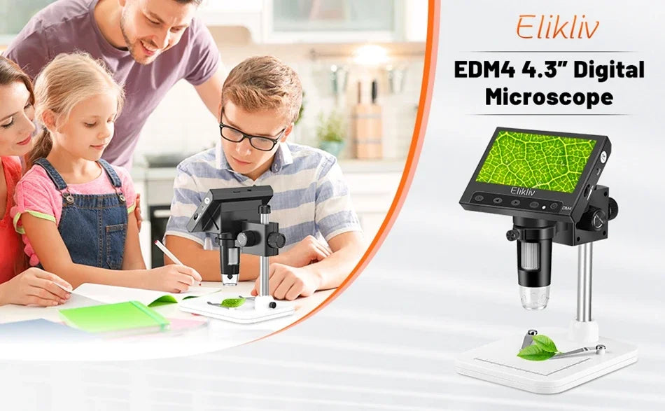 A family is using an Elikliv EDM4 4.3 inch digital microscope to examine a leaf.