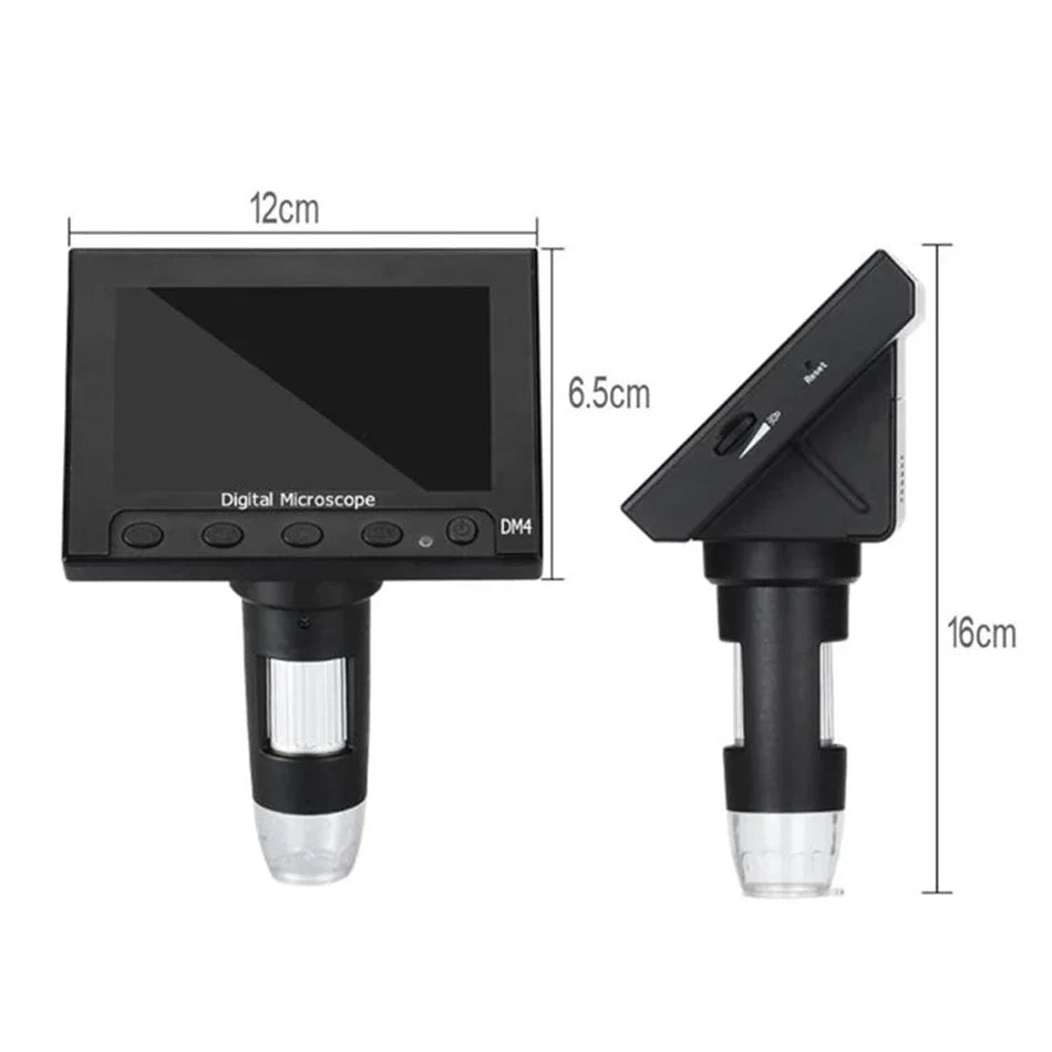 A black digital microscope with a screen and an attached viewing head is shown.