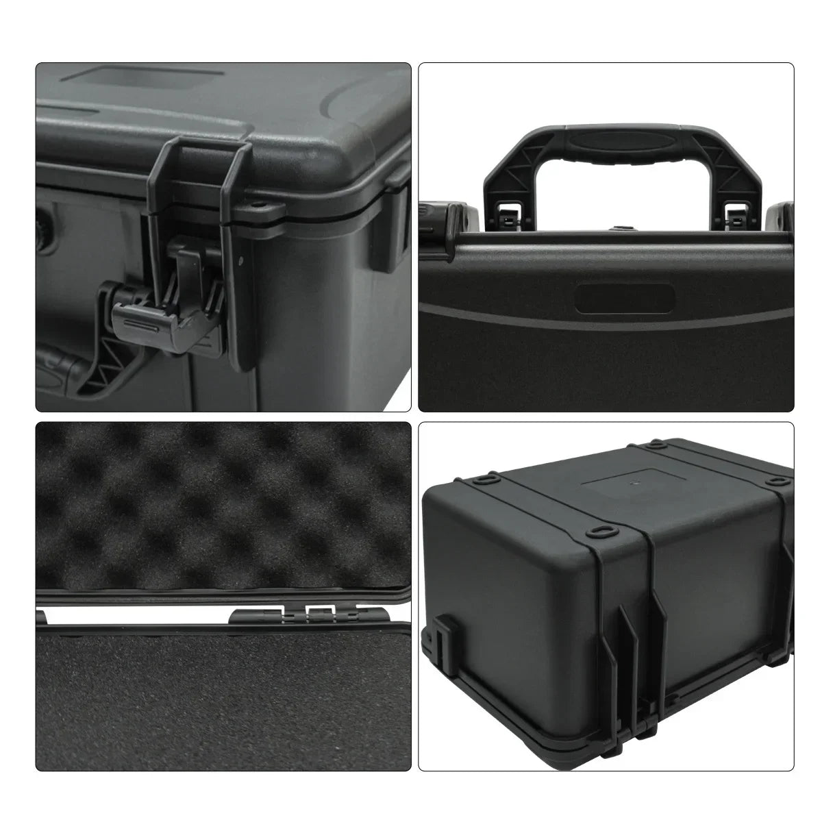 Boîte à outils portable vue sous différents angles, y compris le couvercle, l'intérieur et l'extérieur.