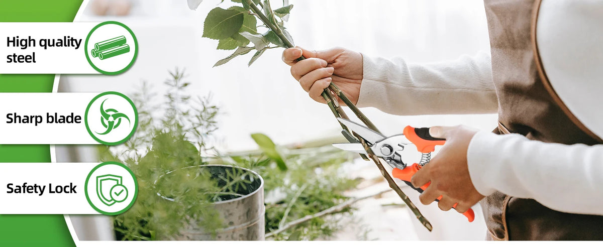 A person is using a pair of gardening pruning shears to cut branches, with features like high quality steel and a safety lock