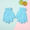 Light blue plush full finger winter gloves for kids displayed on a pastel background.