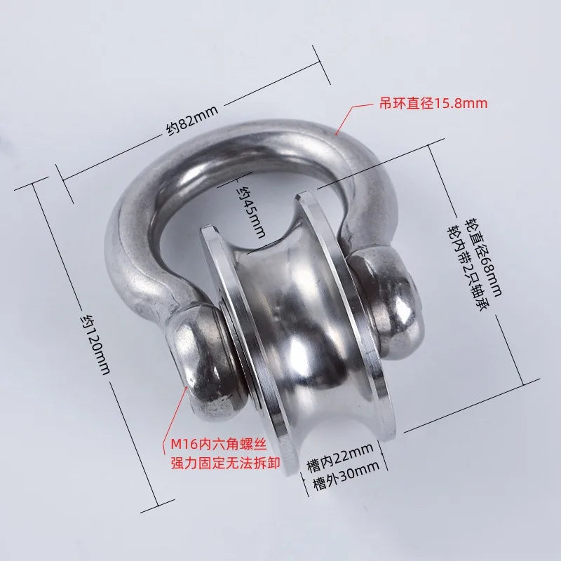 A heavy-duty stainless steel buckle pulley with various dimensions and mounting features.