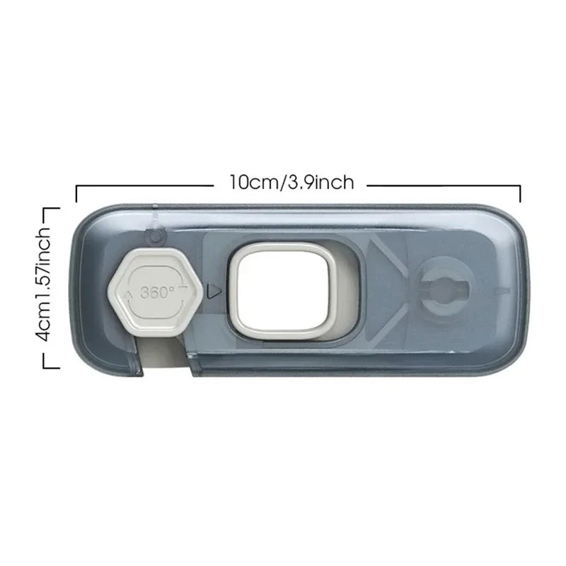 A clear plastic cabinet safety lock set with a 10cm length and a 4cm thickness.