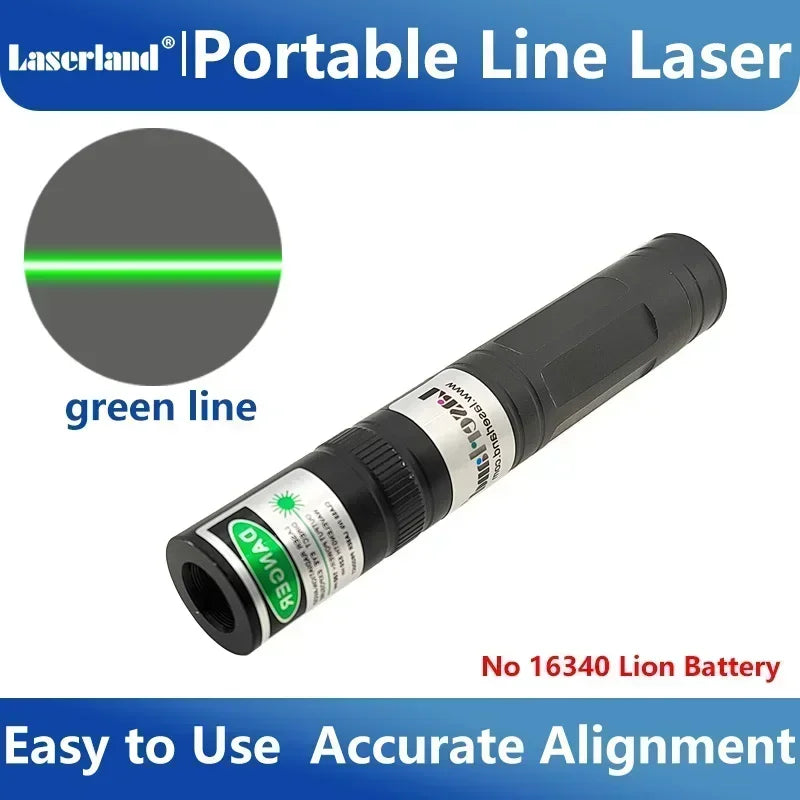 A portable green line laser module with a battery, designed for accurate alignment in woodworking and crafting.