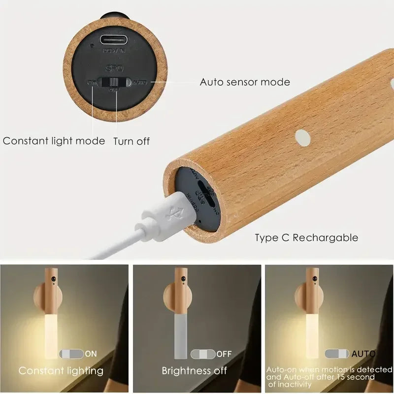 Luz nocturna de madera con sensor para modo luz constante, apagado y modos de sensor automático.