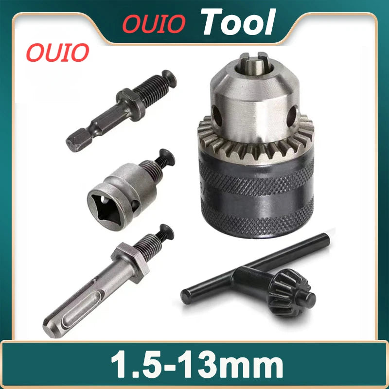 OUIO Tool set showing various drill chuck adapters and a specialized tool component, sized 1.5-13mm.
