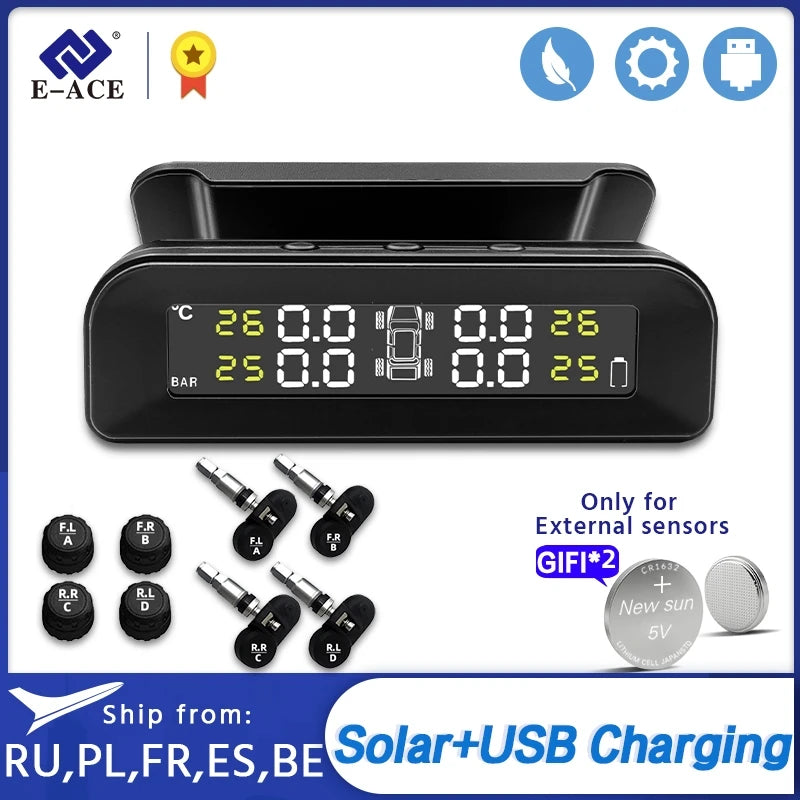 Black digital tire pressure monitor device with external sensor connection and solar charging capability