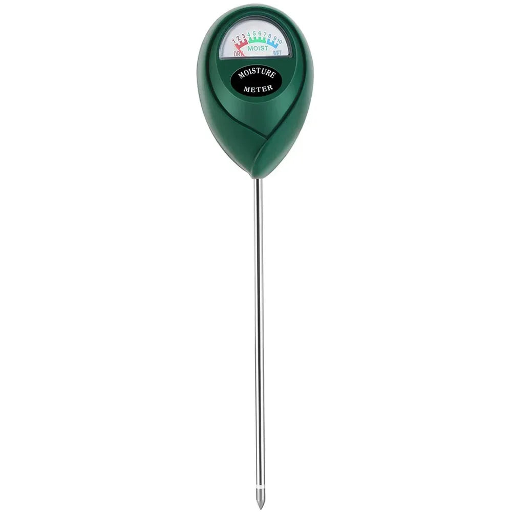 A green portable soil moisture meter with a long probe for measuring plant moisture levels.
