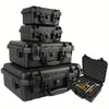 A stack of black waterproof hard carry cases for tool and sponge storage, with an open case showing tools.