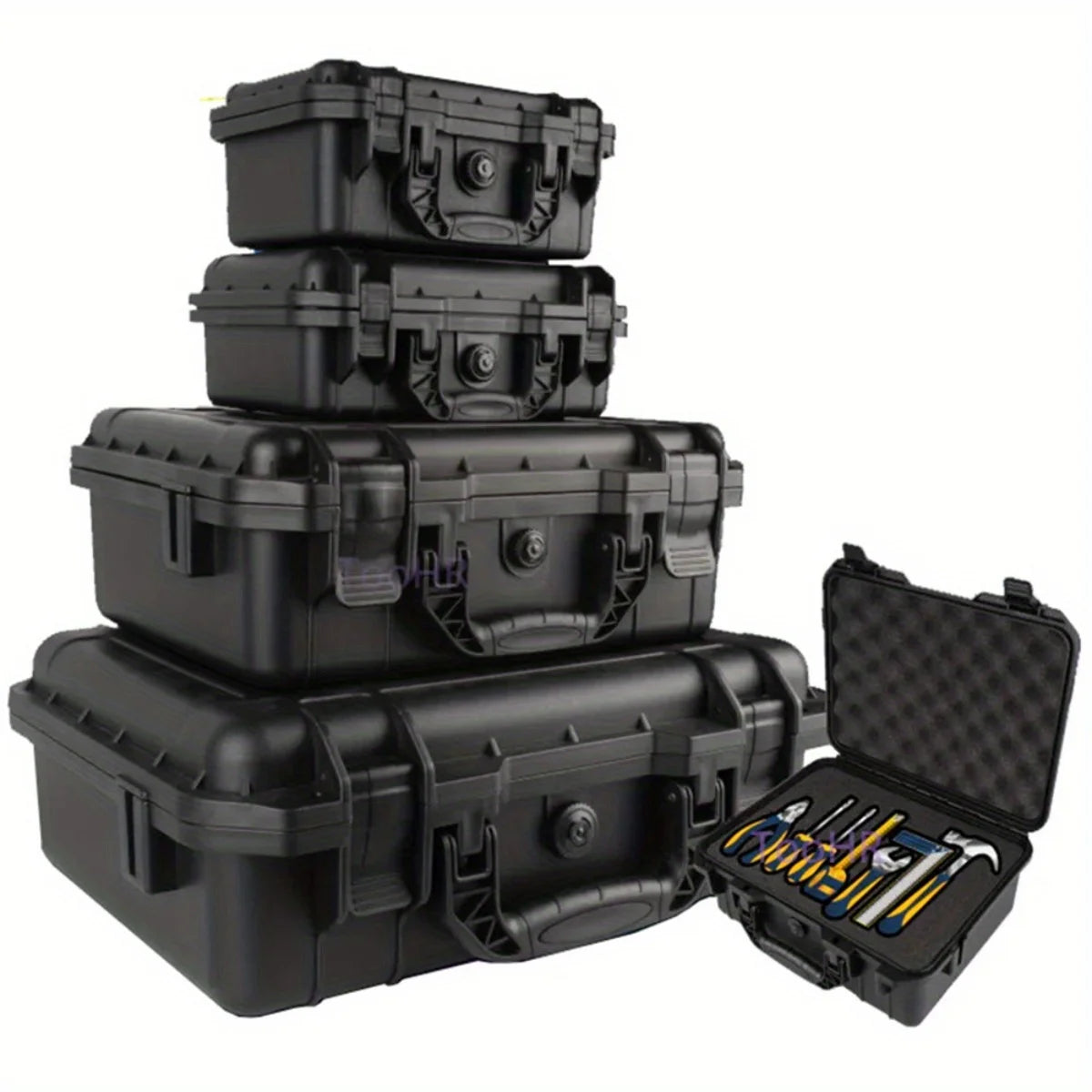 A stack of black waterproof hard carry cases for tool and sponge storage, with an open case showing tools.