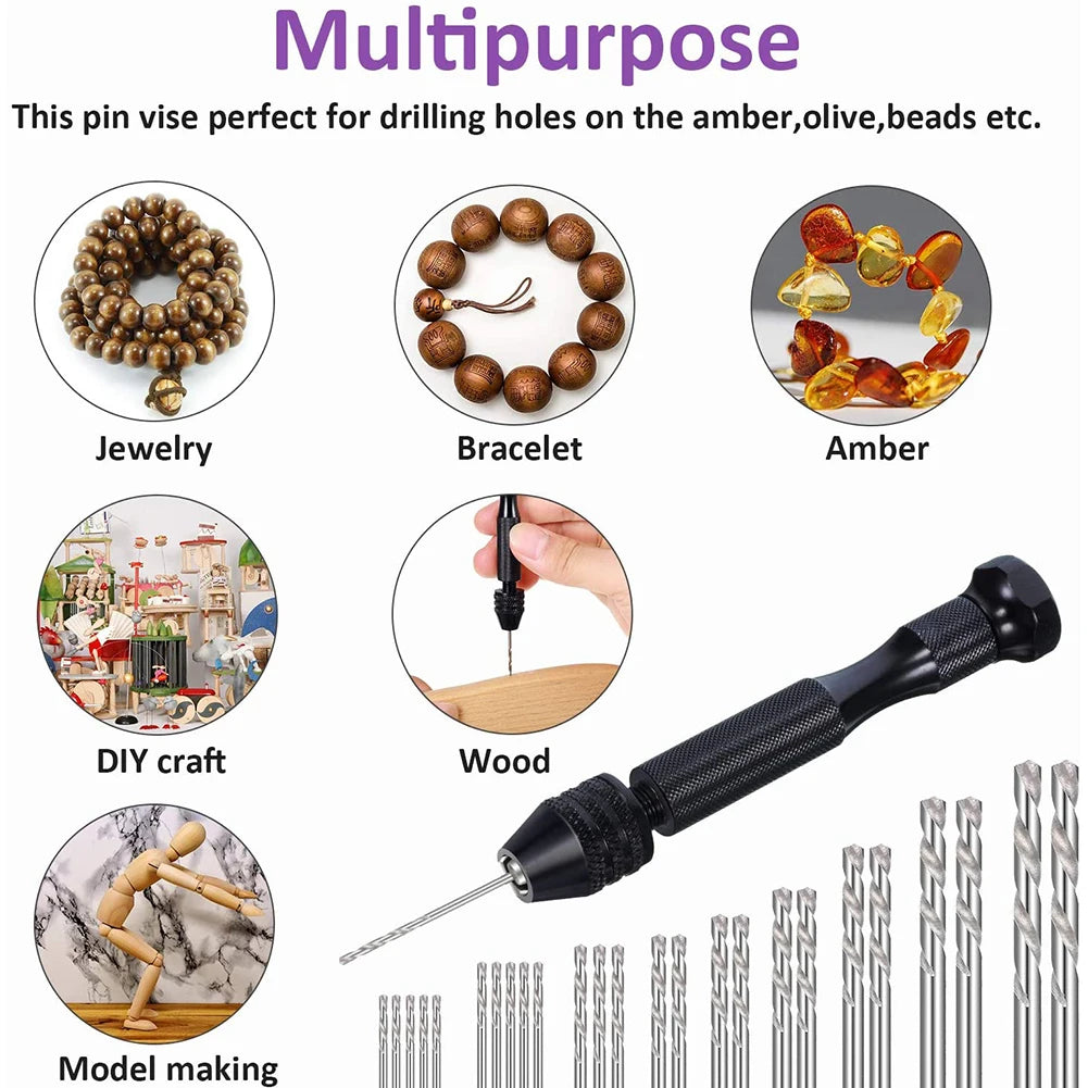 A pin vise tool used for drilling holes in materials like jewelry, amber, beads, and wood.