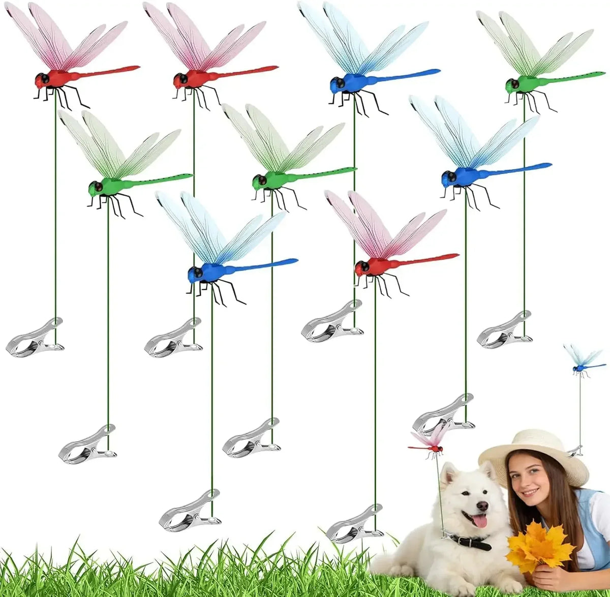 A set of dragonfly clips used for outdoor and indoor decoration, featuring various colors like green, blue, and pink.