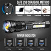 A black tactical flashlight with a power indicator showing charge levels from 25% to 100%.