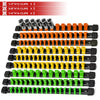 A set of precision socket organizers in black, orange, and yellow plastic for tool boxes.