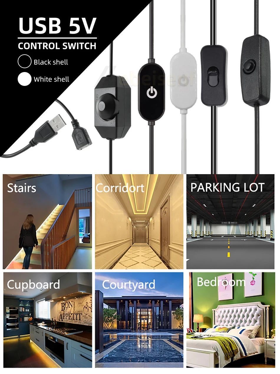 USB 5V control switch cable with various black and white shells shown in different indoor contexts.