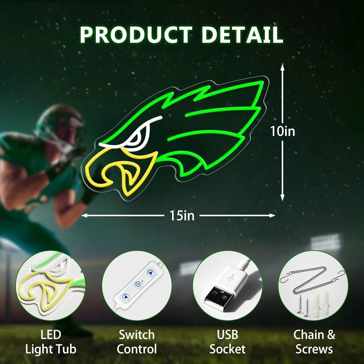 A product detail image showing a neon sign design of an eagle head, along with components like LED light tub, switch control,