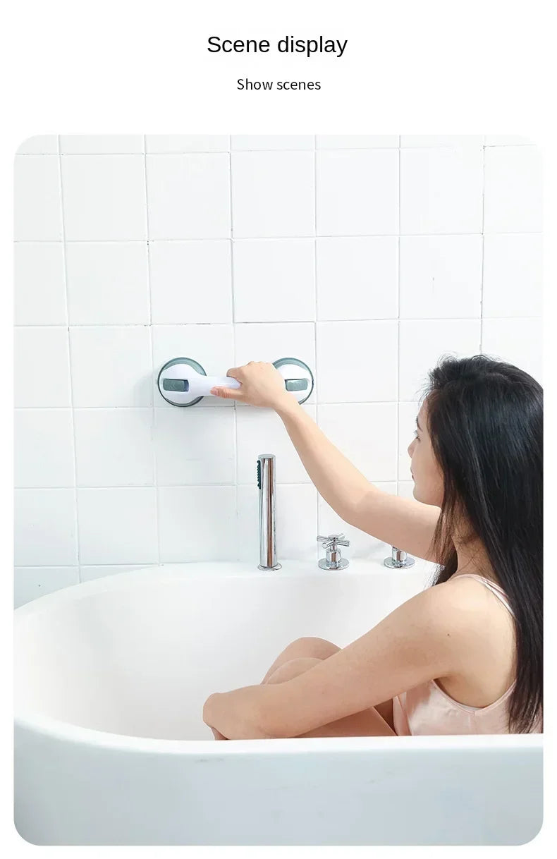A woman is using a universal non-slip shower grab bar and handrail installed on a white bathtub wall.