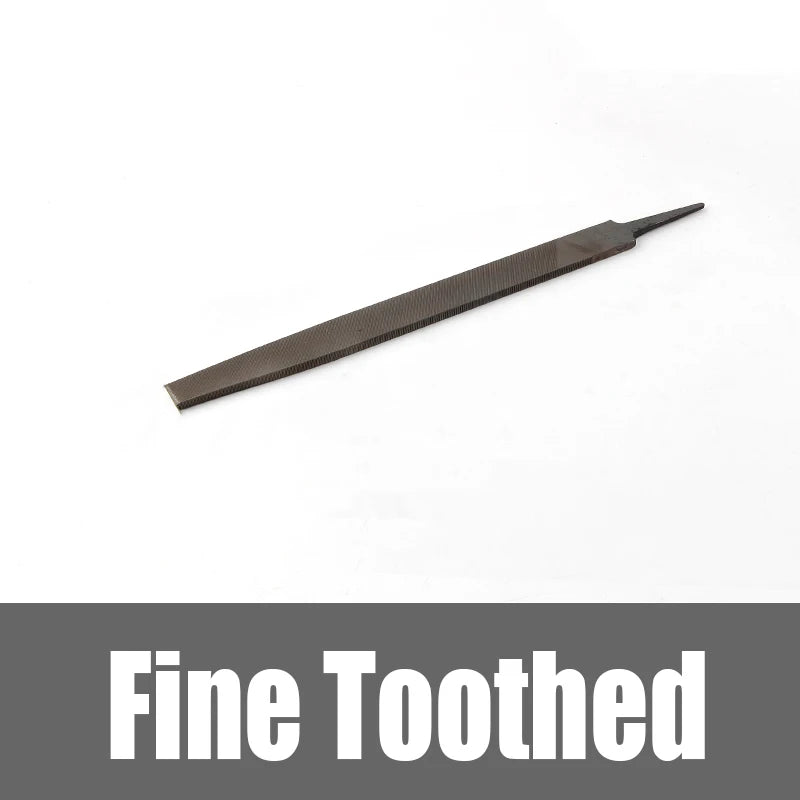 A close-up view of a fine toothed metal file.