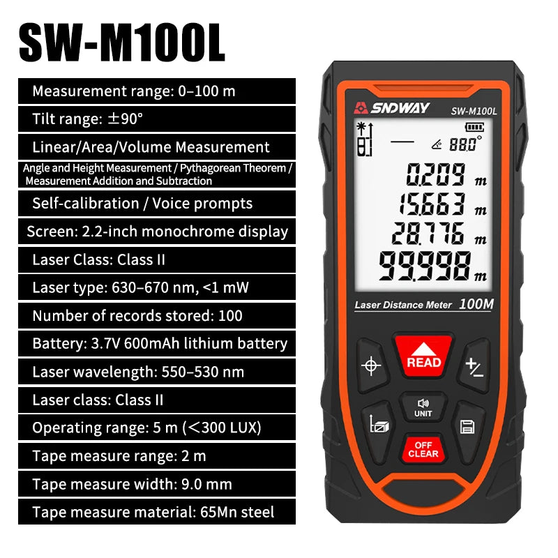 An SDWAY SW-M100L laser distance meter and tape measure in an orange and black casing.