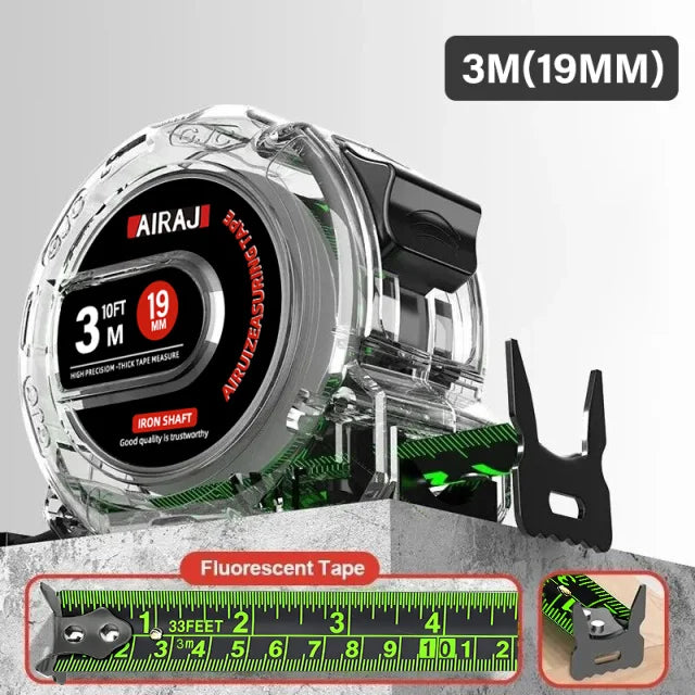 A close-up view of a 3M airaj fluorescent tape measure with an iron shaft and a ruler, showing its precision measurement capa