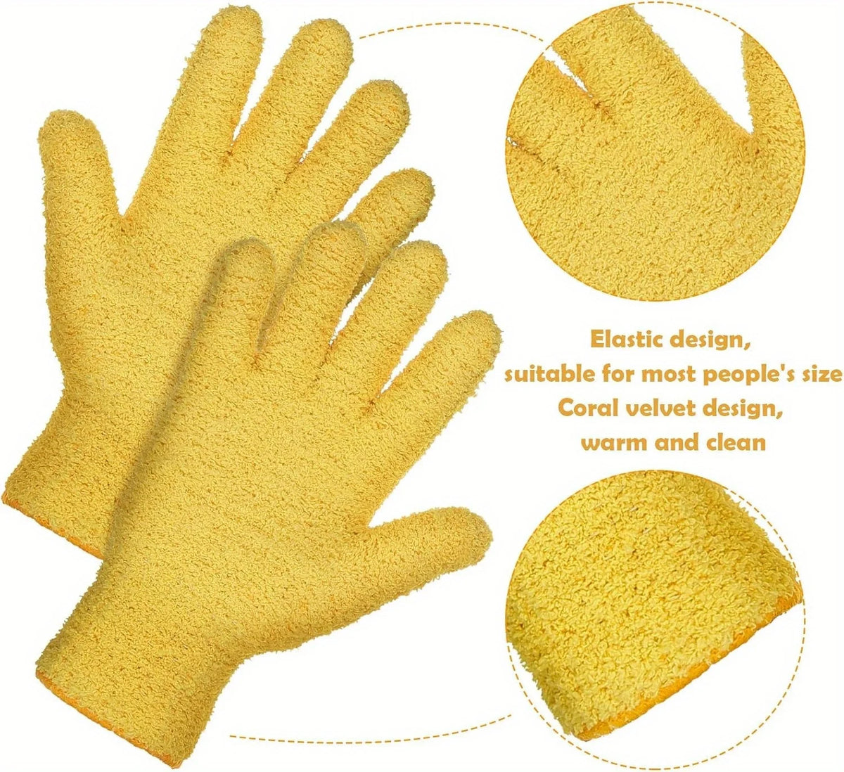 A pair of yellow elastic dusting gloves shown in various views, highlighting their velvet design and suitability for househol