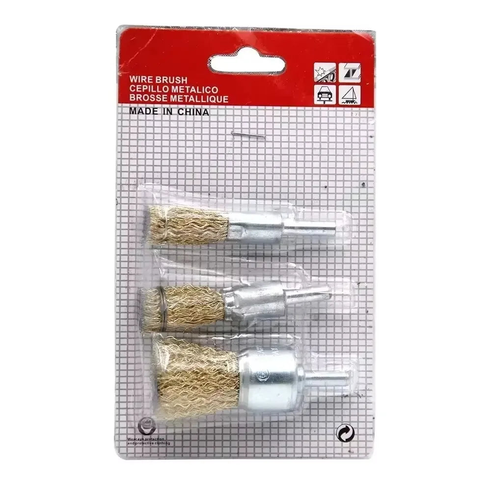 A set of three metal wire brushes for rust removal and polishing, packaged in a red plastic container.