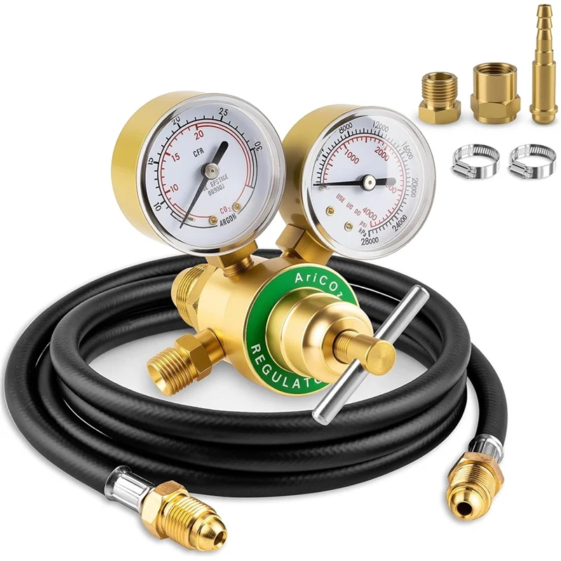 A set of argon and CO2 welding gas regulators including gauges, fittings, and tubing.