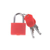 A red padlock and a set of silver keys attached to a keyring.