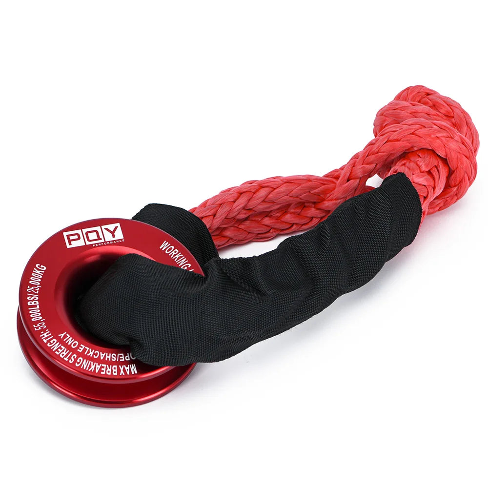 A red synthetic recovery shackle set featuring a thick red rope and a black padded collar.