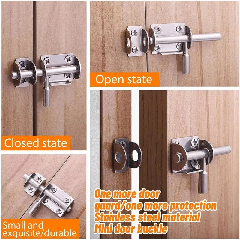 Cierre de puerta mini de acero inoxidable, mostrados en abierto y cerrado para seguridad