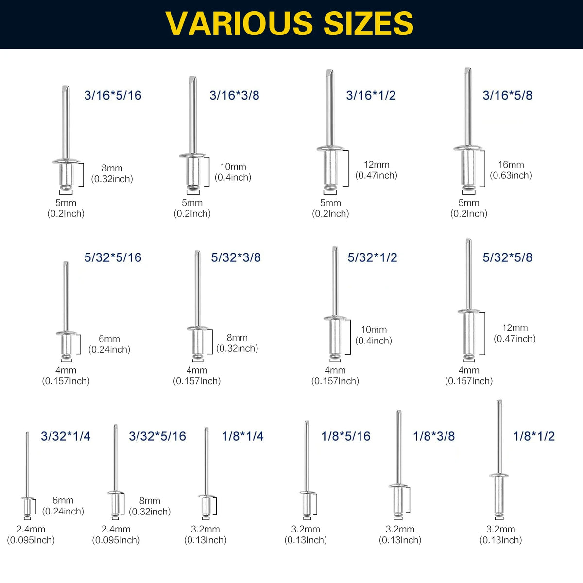 Assortment kit of pop rivets shown in various sizes and lengths.