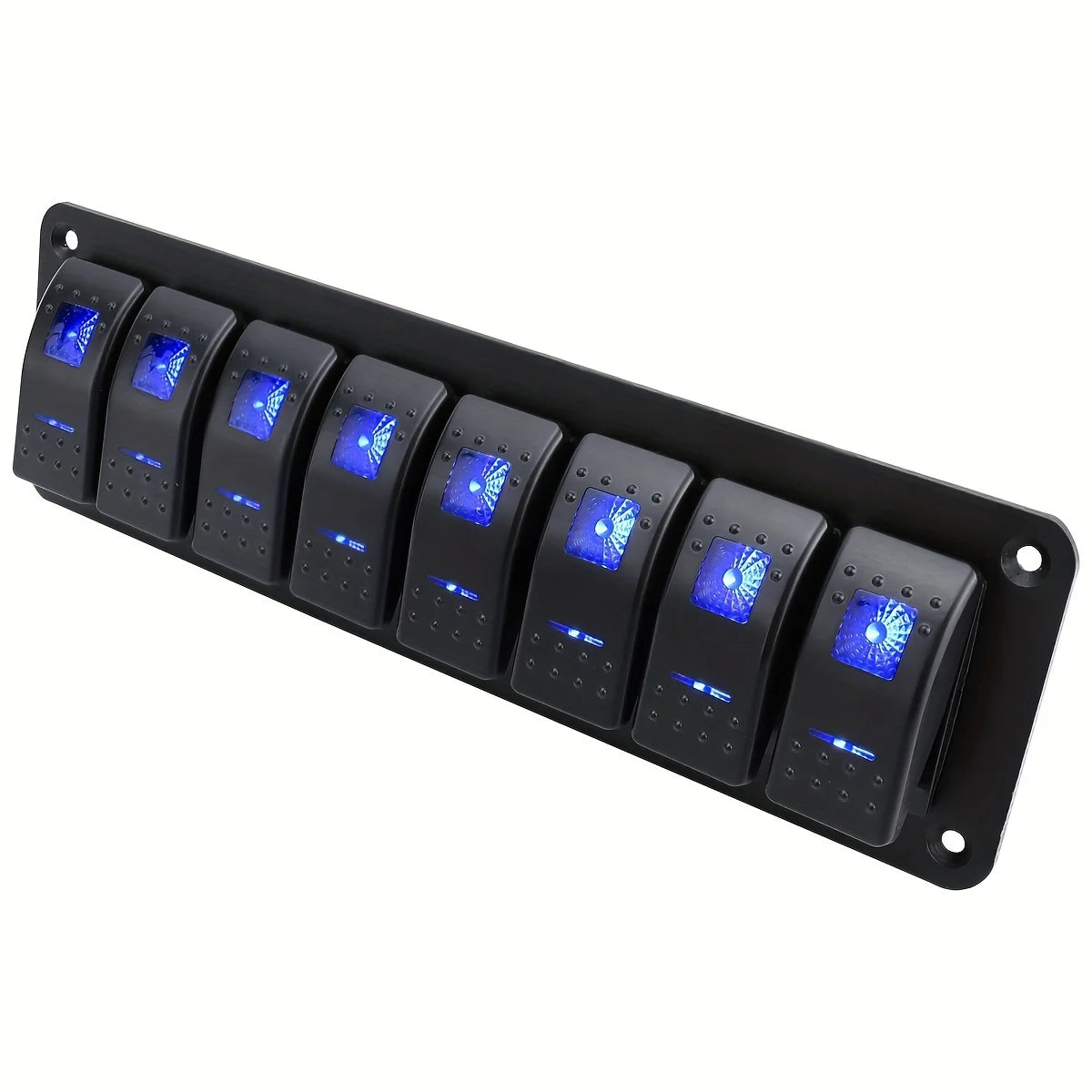 A black multi-group rocker switch panel with ten individual illuminated switches for automotive and off-road lighting.