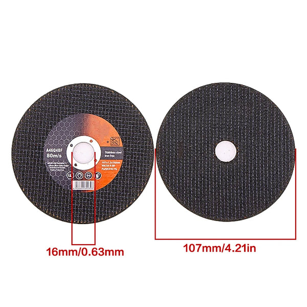 Two black diamond cutting discs for grinders, one labeled 16mm/0.63mm and the other 107mm/4.21in.