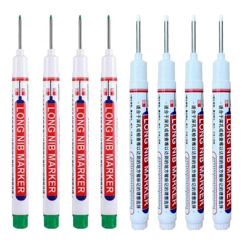 A set of long nib marker pens used for precision perforating and deep hole marking in red and white.