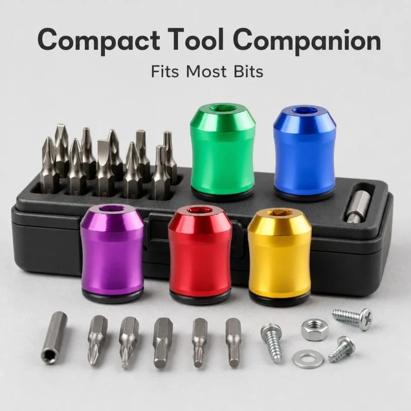 A compact tool companion featuring various magnetic screwdriver bits and accessories in different colors.