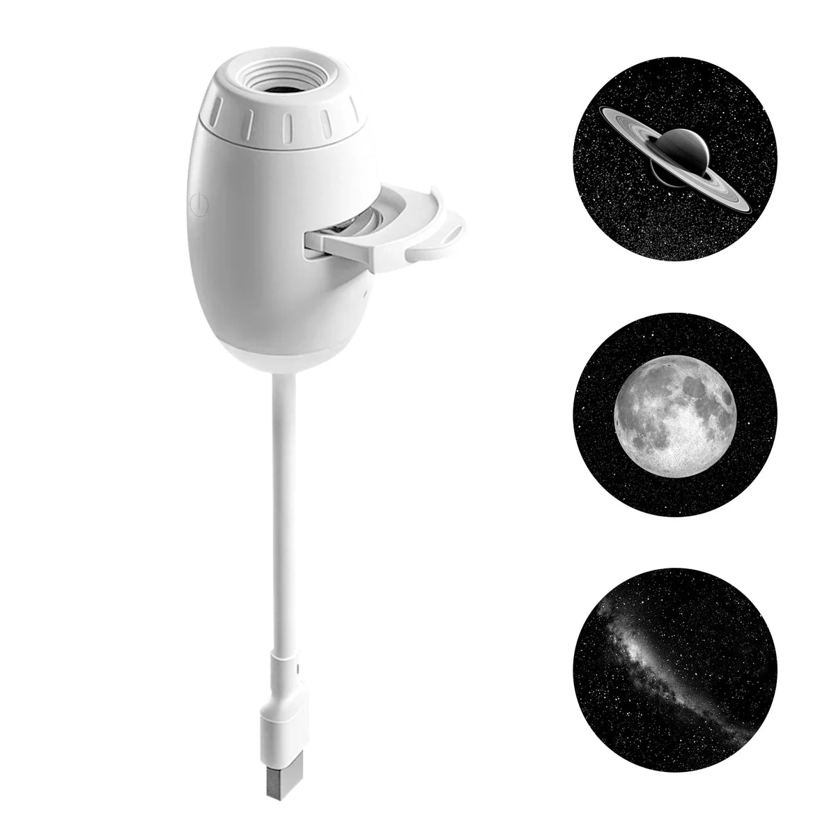 A white dual-mode USB projection lamp with a stand and various light patterns shown alongside celestial images.