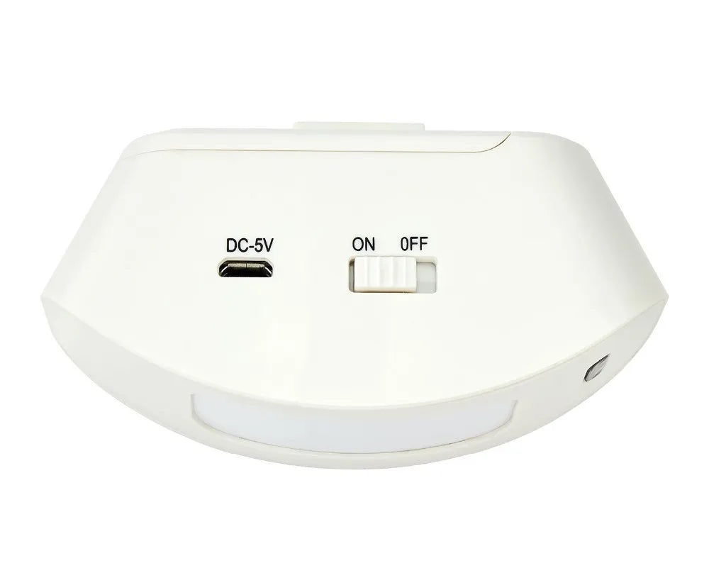 A white wireless infrared curtain security sensor device with DC-5V and ON/OFF switch options.