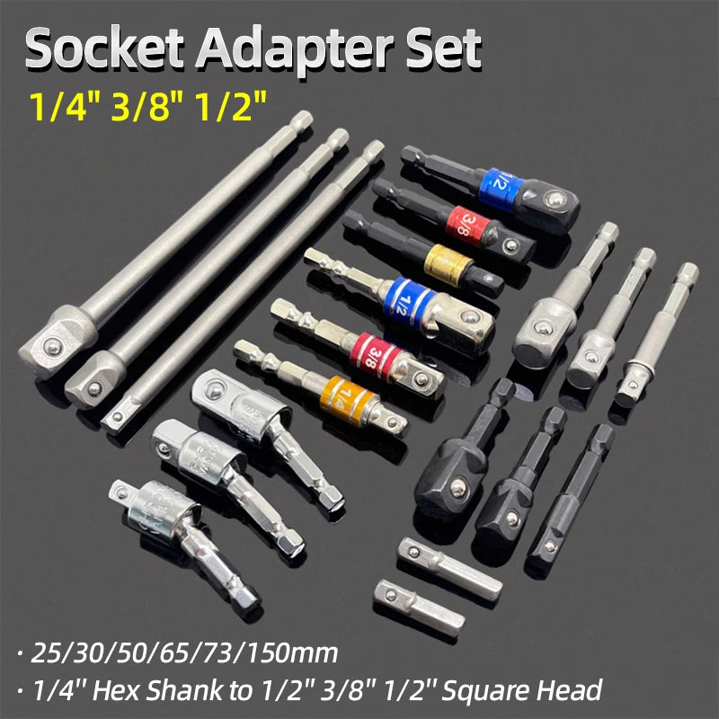 A set of various socket adapters including 1/4, 3/8, and 1/2 inch sizes with hex shanks and square heads.