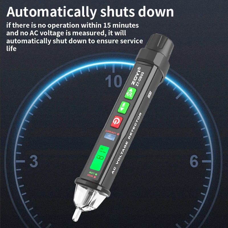 A black digital non-contact voltage tester pen is shown against a blue circular gauge with various indicators.