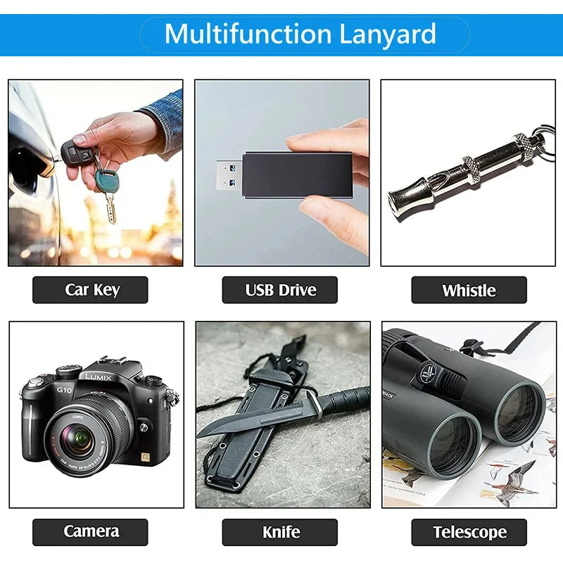 Set Multifunktions-Lanyards und Schlüsselanhänger, inklusive Auto-Schlüssel, USB-Stick, Pfeife, Kamera, Messer und Teleskop.