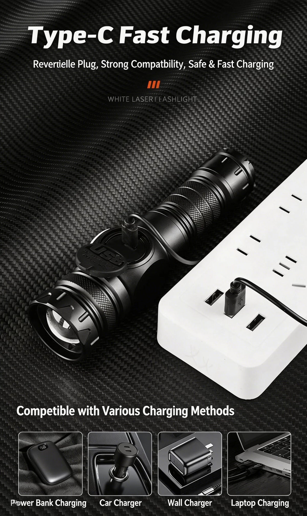 Schwarze taktische wiederaufladbare LED-Taschenlampe mit Zoomlinse neben einem weißen Ladegerät.