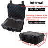 Black waterproof hard carry case with internal dimensions and external measurements shown from above.