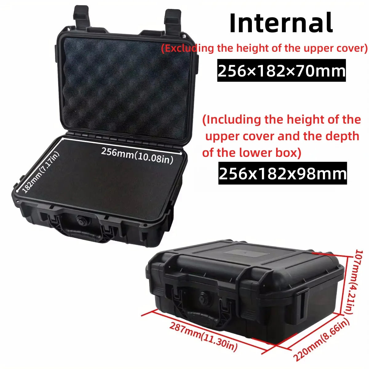 Black waterproof hard carry case with internal dimensions and external measurements shown from above.