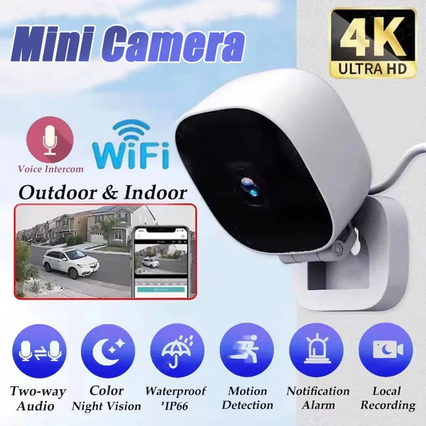 A white Mini Camera security device shown with various features like Voice Intercom, WiFi connectivity, Night Vision, and Mot