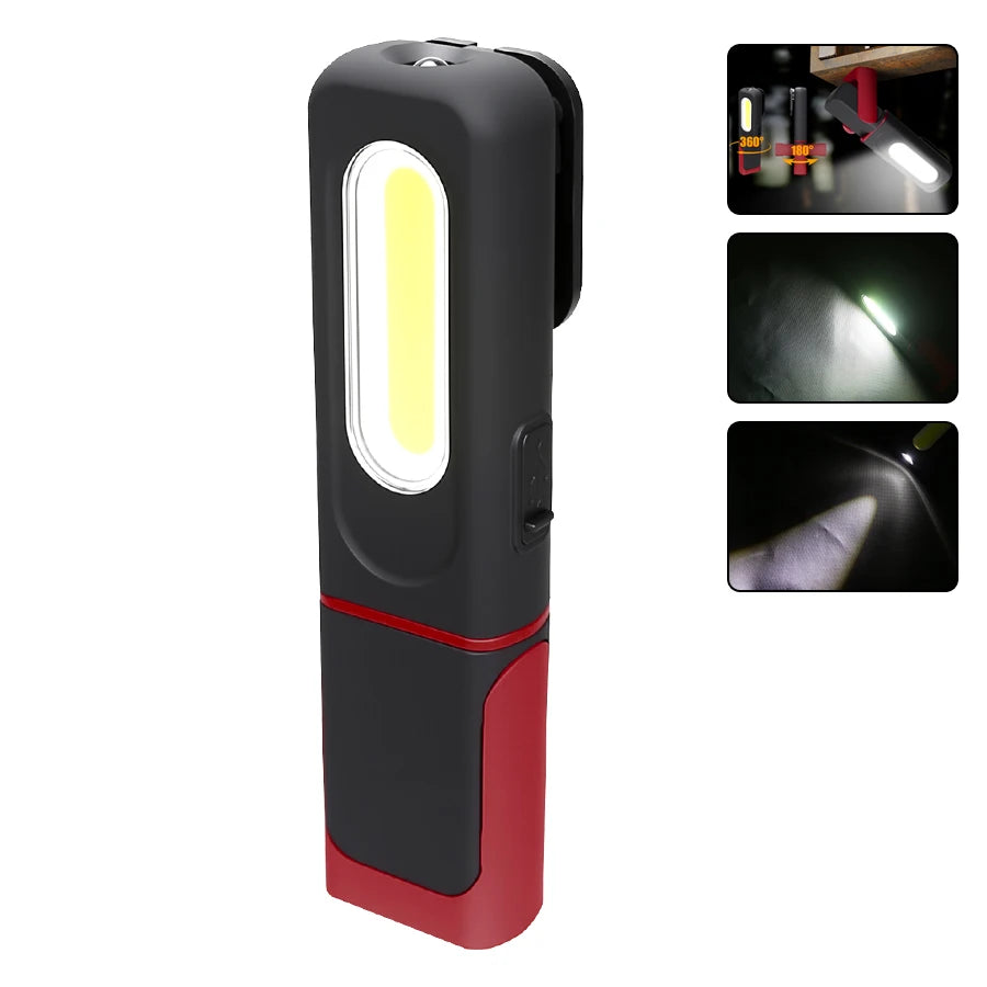 A black and red portable USB rechargeable LED work light shown with various lighting angles.