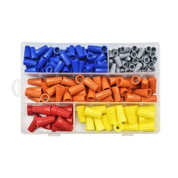 A plastic storage tray filled with various insulated wire connector nuts in blue, silver, and orange colors.